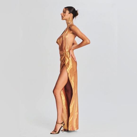 RETROFETE Cleo Silk Chiffon Maxi Dress Nude Glitter Adjustable Halter Side Slit - Picture 5 of 10